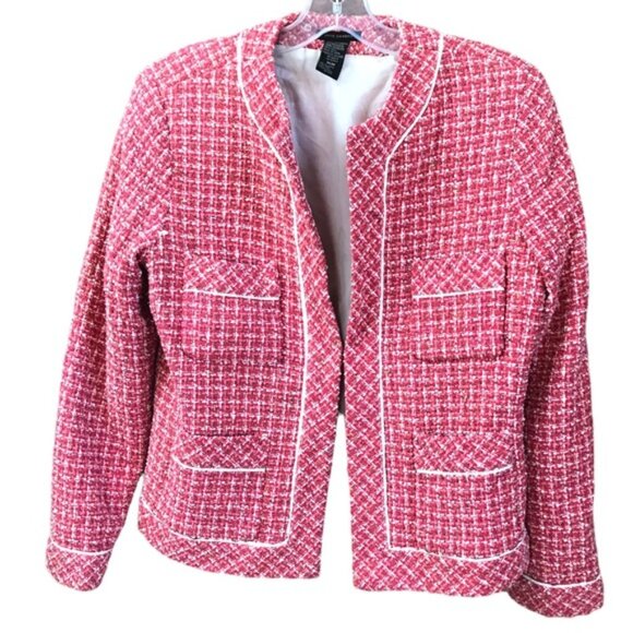 Anne Carson Boucle Tweed Blazer Jacket Check Lined Crop Pockets Open Boucle M - Picture 1 of 14
